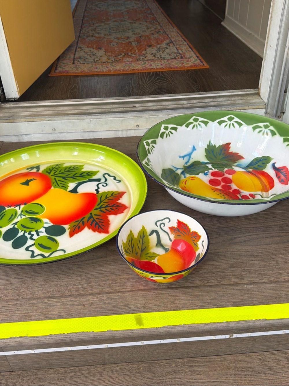 Vintage Fruit-Print Enamel Serving Set - Green, Yellow, Red
